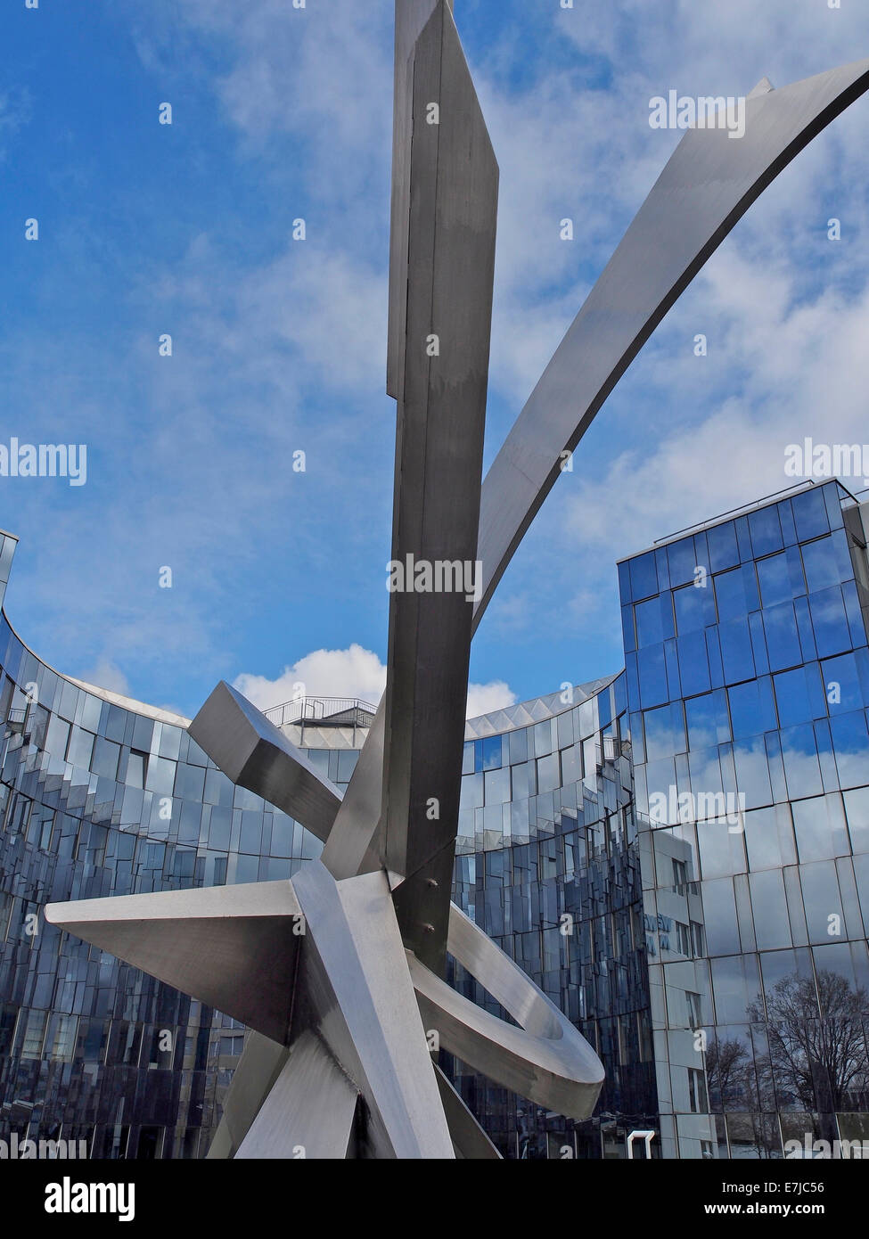 Switzerland, canton Zurich, Schwerzenbach, office building, block, facade, glass, modern, sculpture, steel Stock Photo