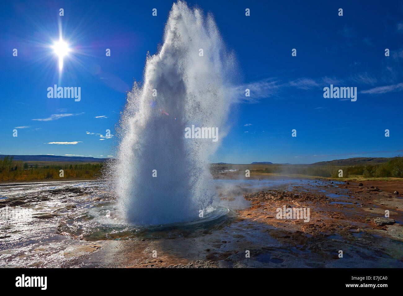 Cliff, geyser, Iceland, steam, Europe, holidays, travel, geothermics, sun, Stock Photo