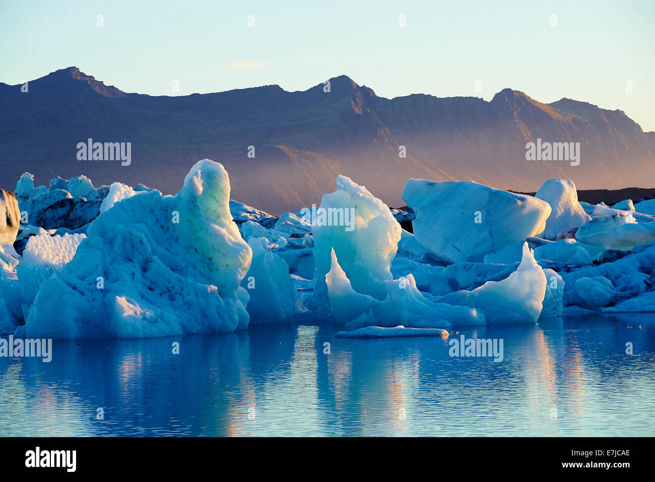Ice, glacier, Iceland, Jökulsarlon, lake, reflections, Europe, holidays, travel, Stock Photo