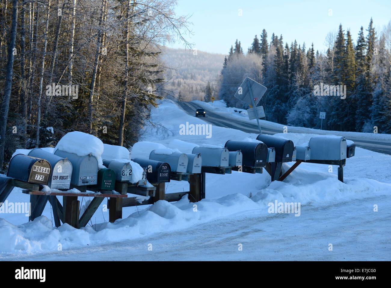 USA, United States, America, Alaska, Fairbanks, Far North, winter, road, highway, mail box, rural, snow Stock Photo