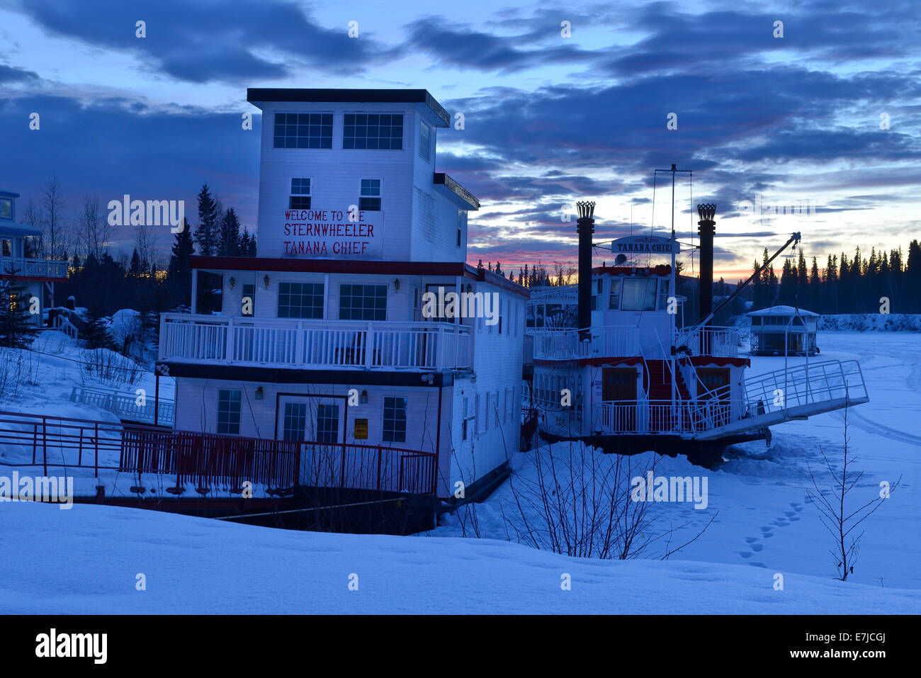 USA, United States, America, Alaska, Fairbanks, Tanana Chief, Sternwheeler, ship, frozen river, winter, gold rush Stock Photo