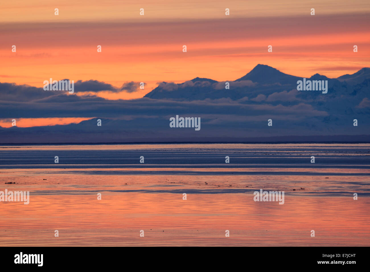 USA, United States, America, Alaska, Far North, Anchorage, cook inlet, water, sunset, red, mountains, landscape Stock Photo