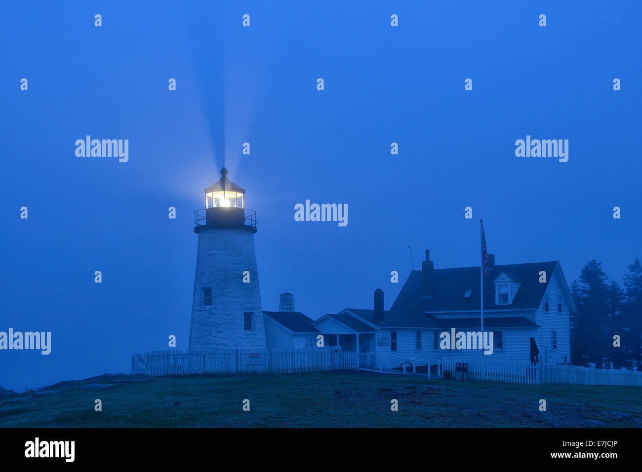 USA, United States, America, Maine, East Coast, lighthouse, light, beacon, coast, blue, night, Pemaquid Stock Photo