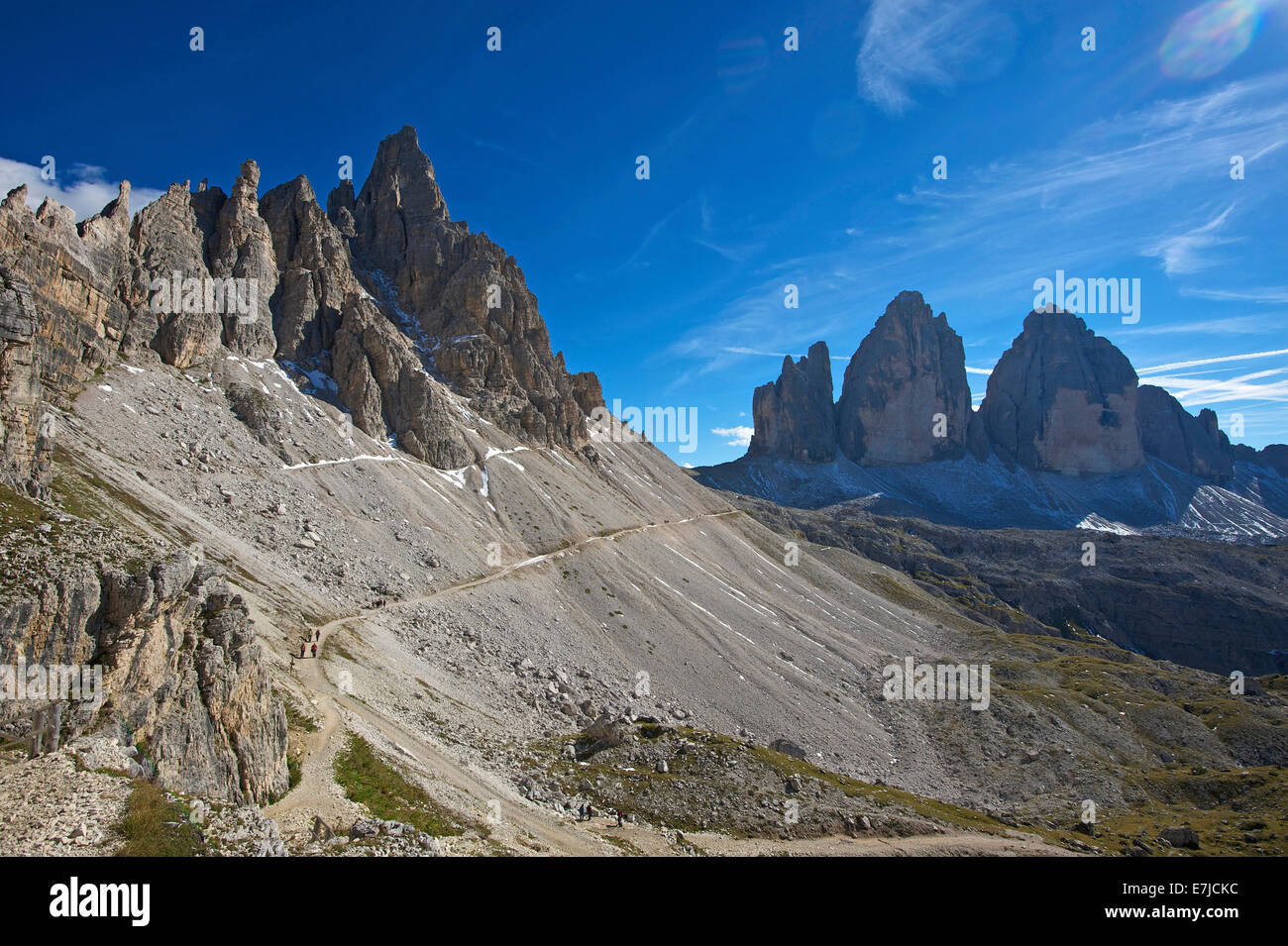 Three merlons, battlement, three peaks of Lavaredo, Italy, Europe, Le Tre Cime, Le Tre Cime di Lavaredo, Trentino, South Tirol, Stock Photo