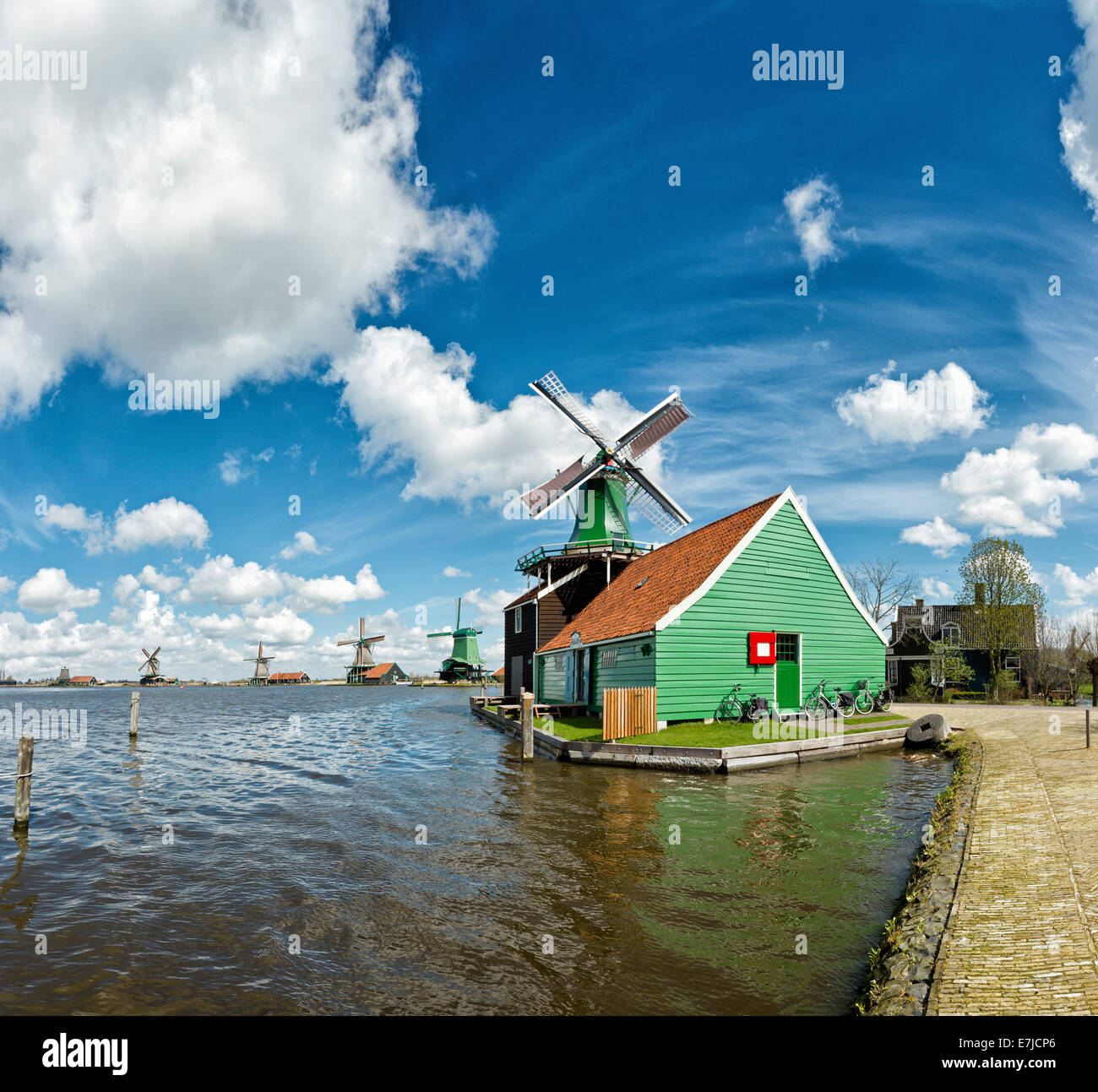 Holland, Europe, Koog aan de Zaan, Zaandam, Noord-Holland, Netherlands, windmill, water, spring, Windmills, open-air, museum, De Stock Photo