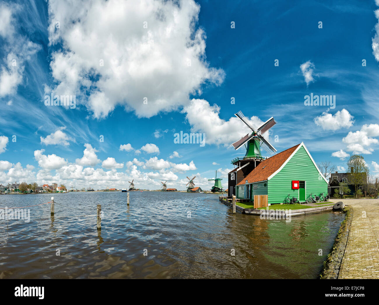 Holland, Europe, Koog aan de Zaan, Zaandam, Noord-Holland, Netherlands, windmill, water, spring, Windmills, open-air, museum, De Stock Photo