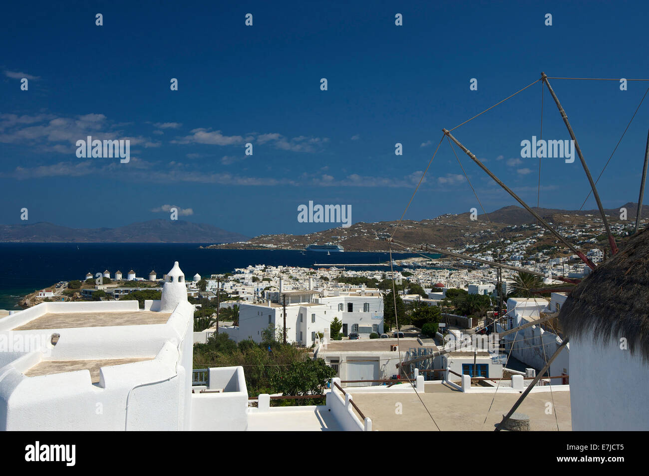 Greece, Europe, Cyclades, island, isle, islands, Greek, outside, Mediterranean Sea, Mykonos city, town, view, day, nobody, Mykon Stock Photo
