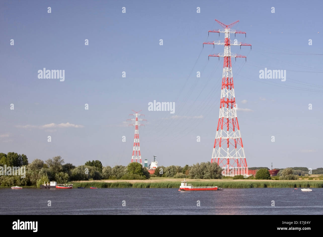 Germany, Elbe, energy supply, power lines, energy, masts, Lower Saxony, Stade, power supply, electricity supply, Stock Photo