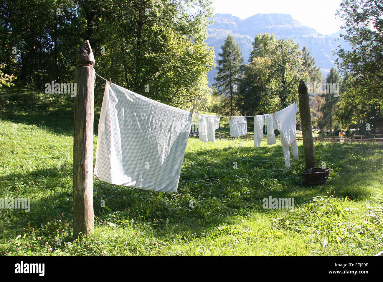 Switzerland, Brienz, Bernese Oberland, open-air museum, history, museum, historical, Ballenberg, laundry, clothesline, basket, v Stock Photo