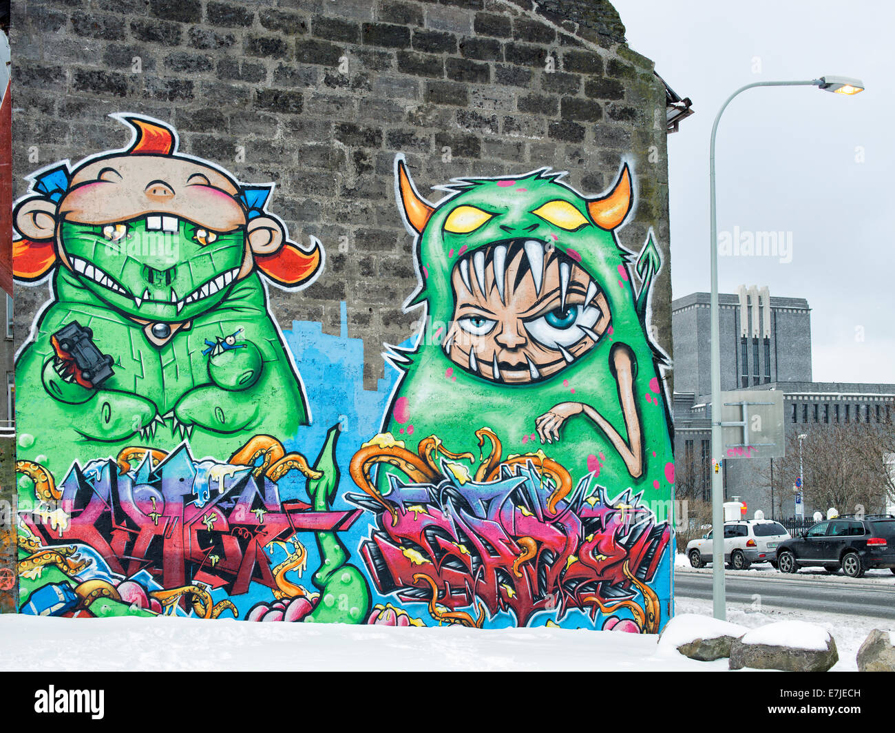 Spray art, color, graffiti, island, Iceland, Europe, art, Northern Europe, Reykjavik, snow, wall picture, winter Stock Photo