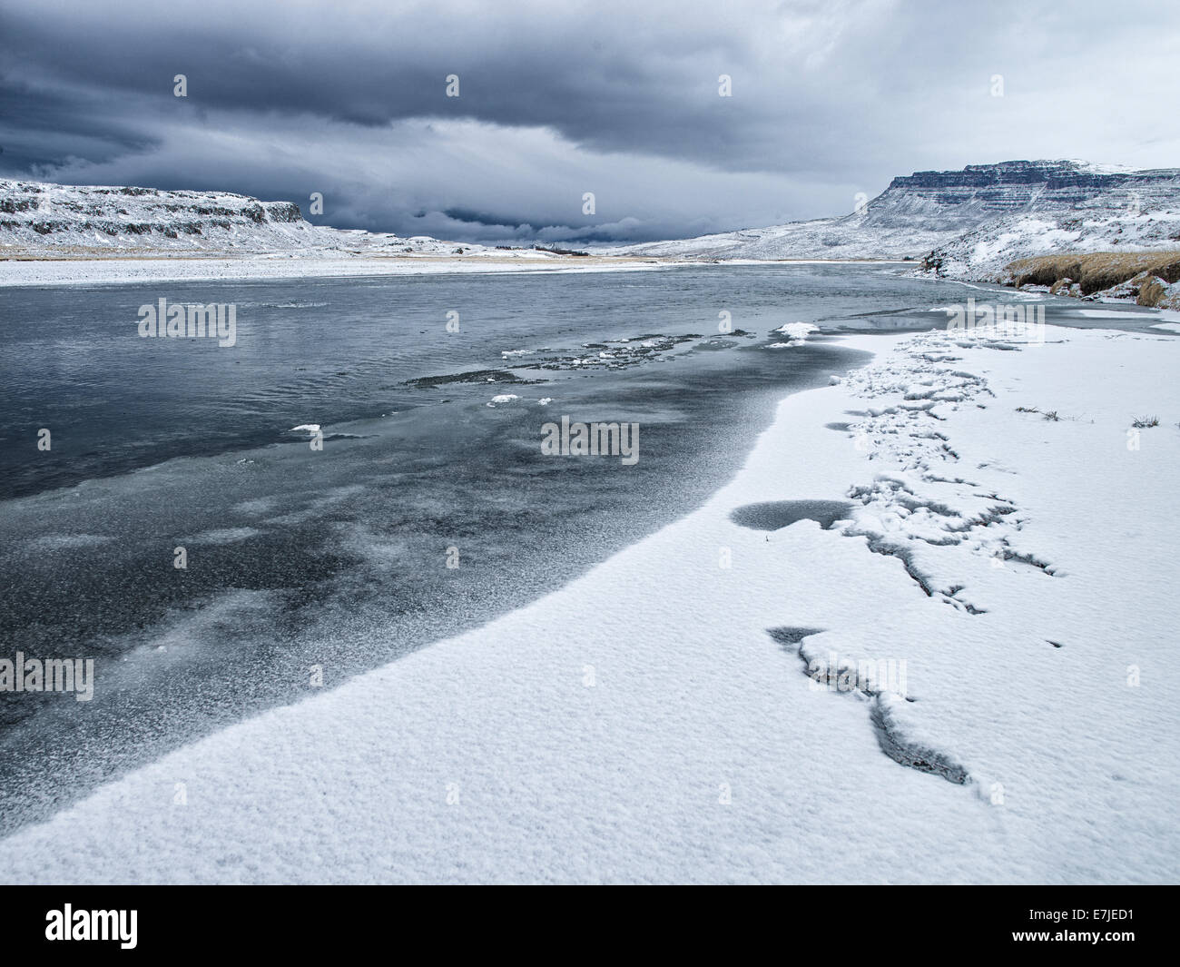Bifroes, Borgarnes, river, flow, island, Iceland, Europe, Northern Europe, Nordura, Nordurardalur, ring road, snow, winter Stock Photo