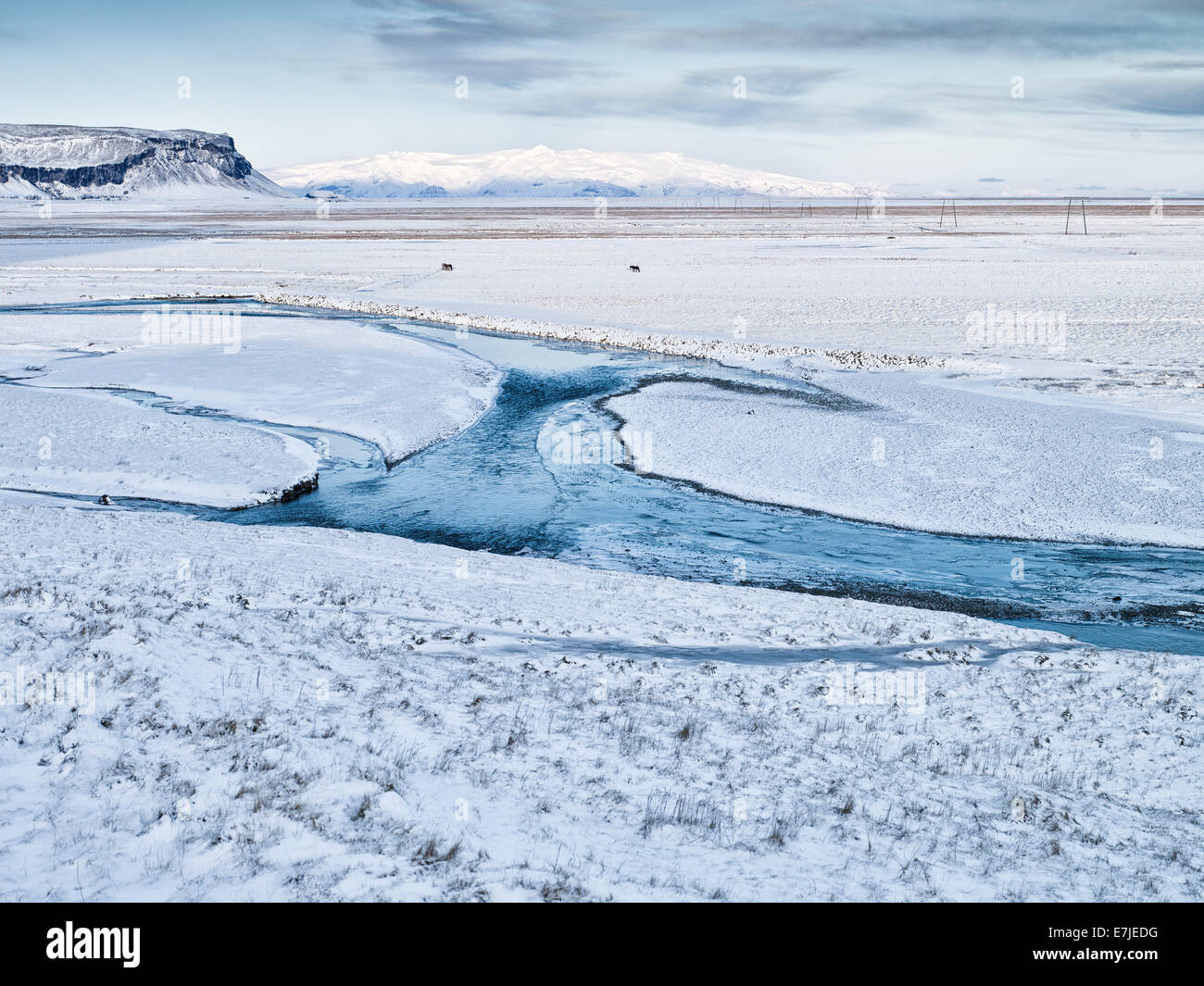 Evening, mood, Brunasandur, river, flow, river level, island, Iceland, Europe, scenery, landscape, Northern Europe, snow, Südost Stock Photo