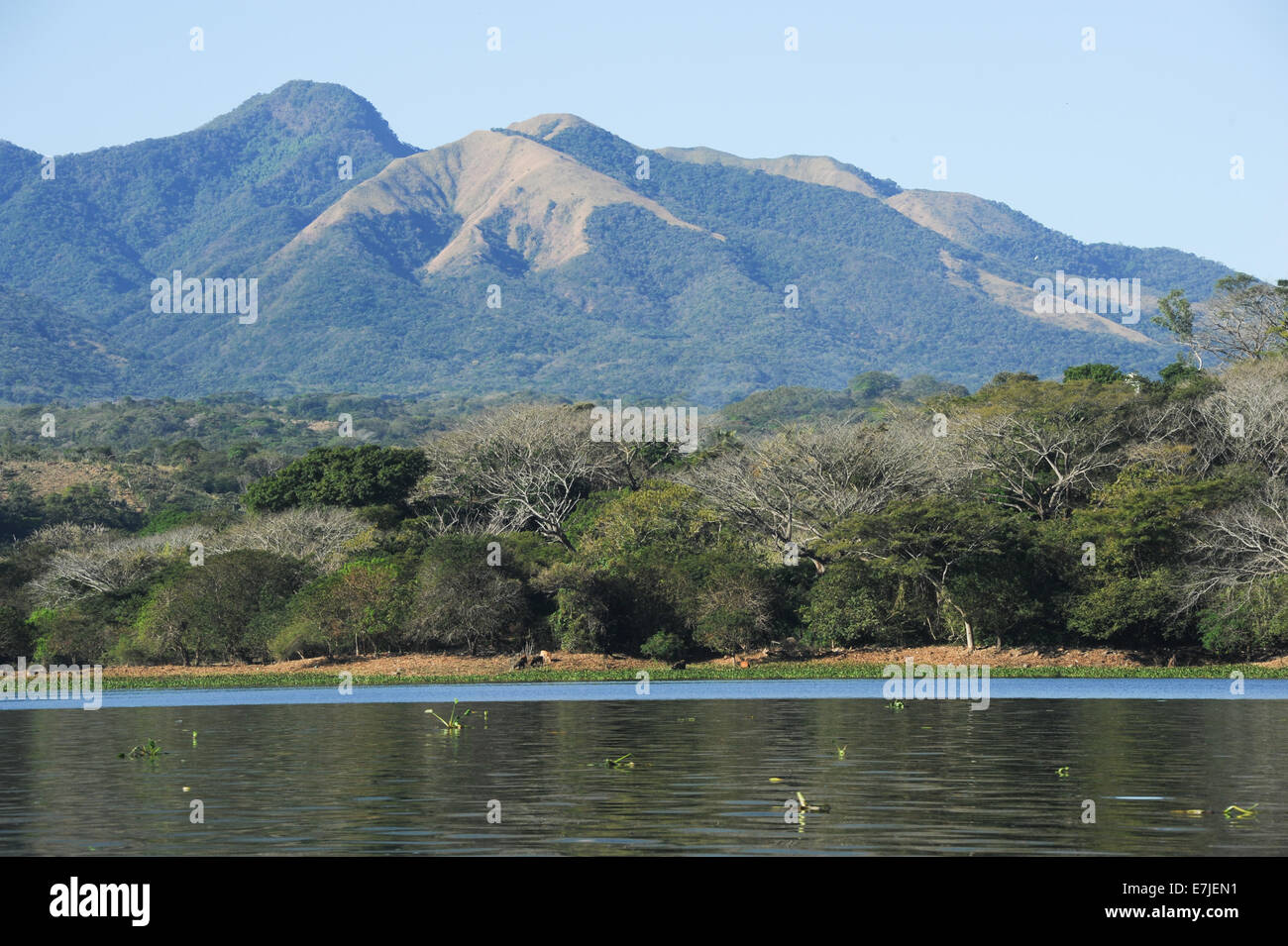 Central America, Guasapa, Suchitlan, Suchitoto, America, boat, el Salvador, island, lake, mountains, nature Stock Photo