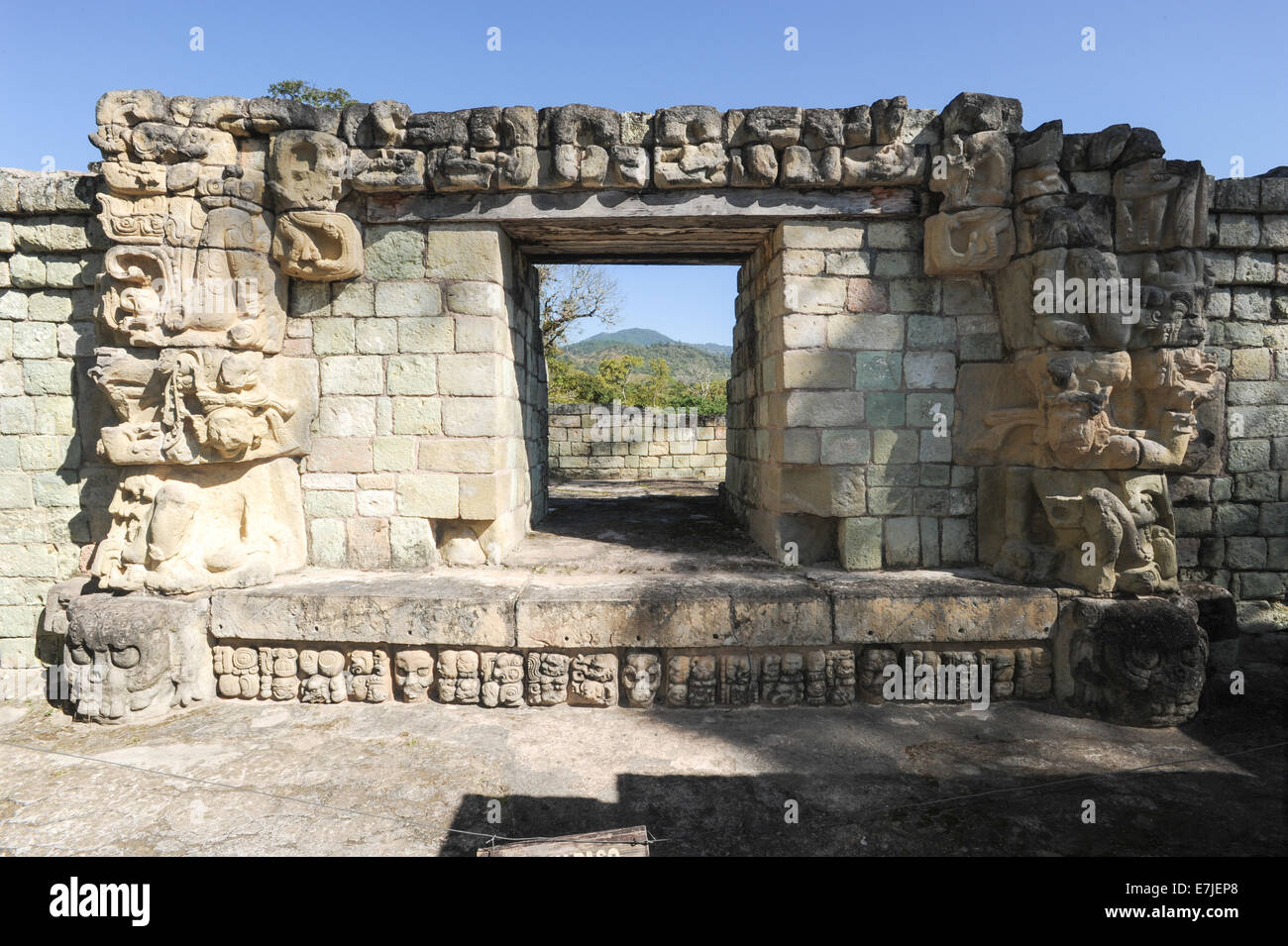 Central America, Americas, ancient, archaeology, architecture, building, built, carved, copan, culture, door, patio, exterior, g Stock Photo