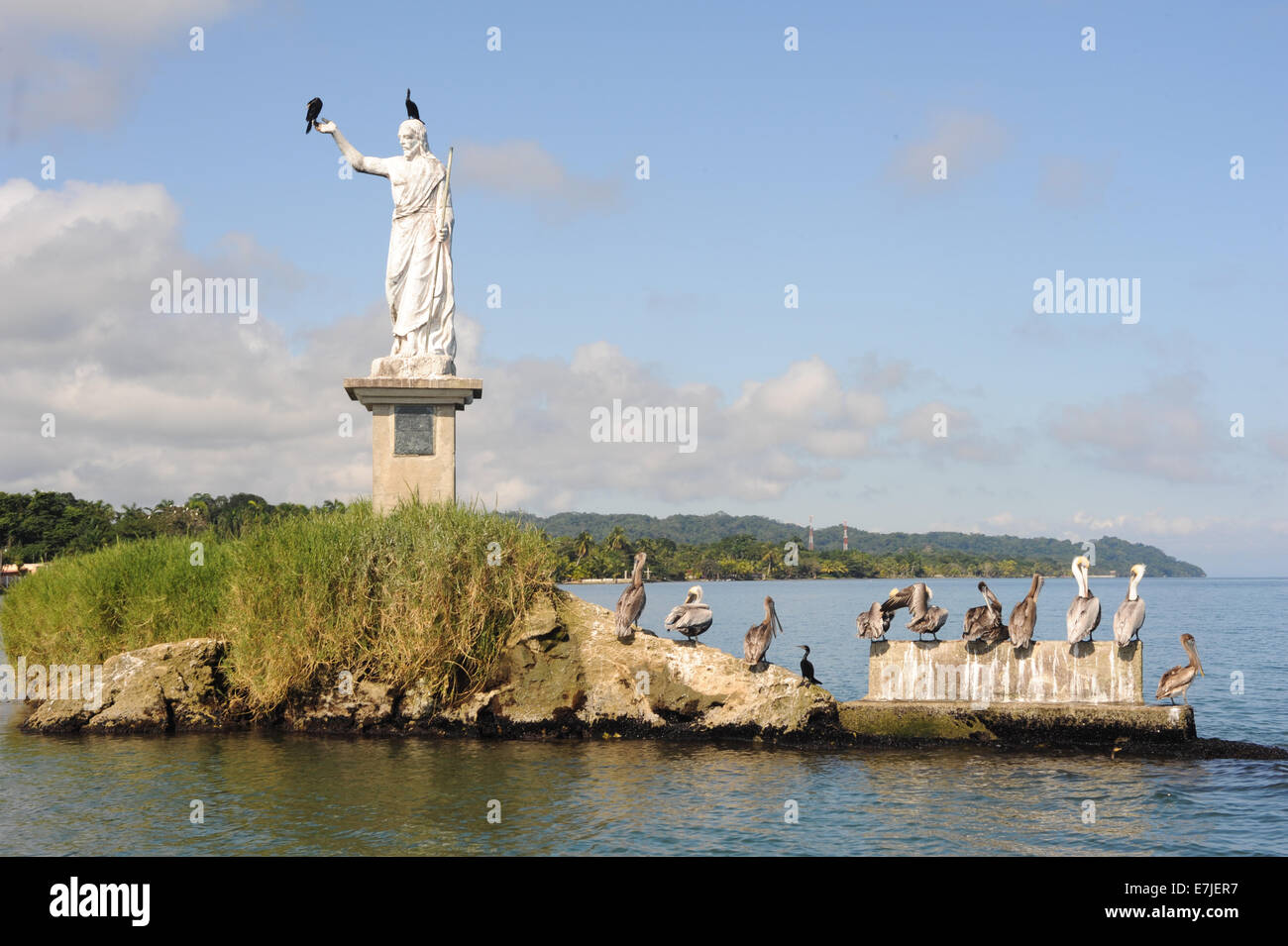 Guatemala, Central America, Salvador del mundo, birds, coast, Livingston, pelicans, statue Stock Photo