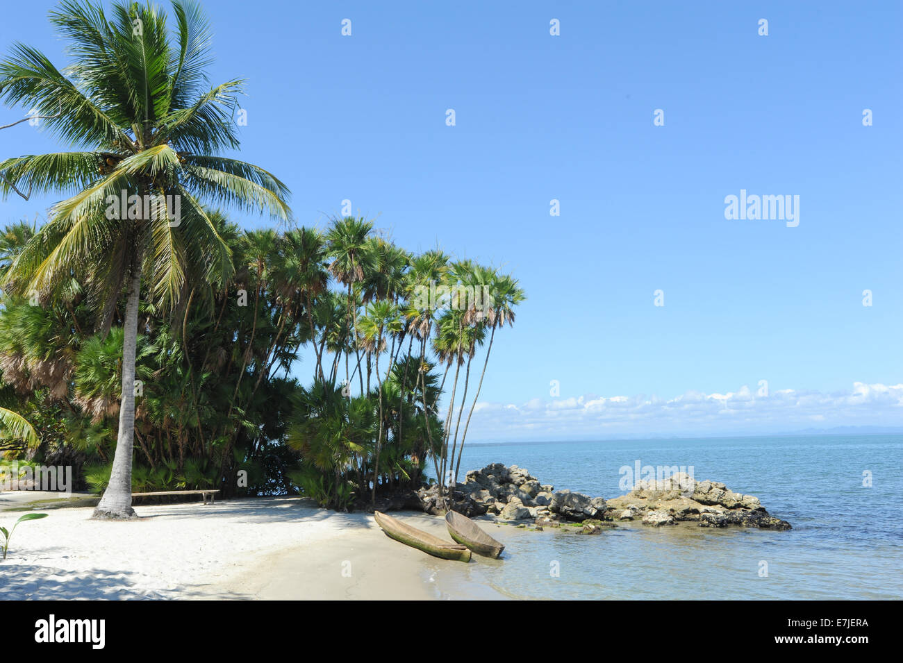 Guatemala, Central America, beach, boat, Livingston, nature, ocean, palm trees, playa blanca, sand, scenic, trees Stock Photo