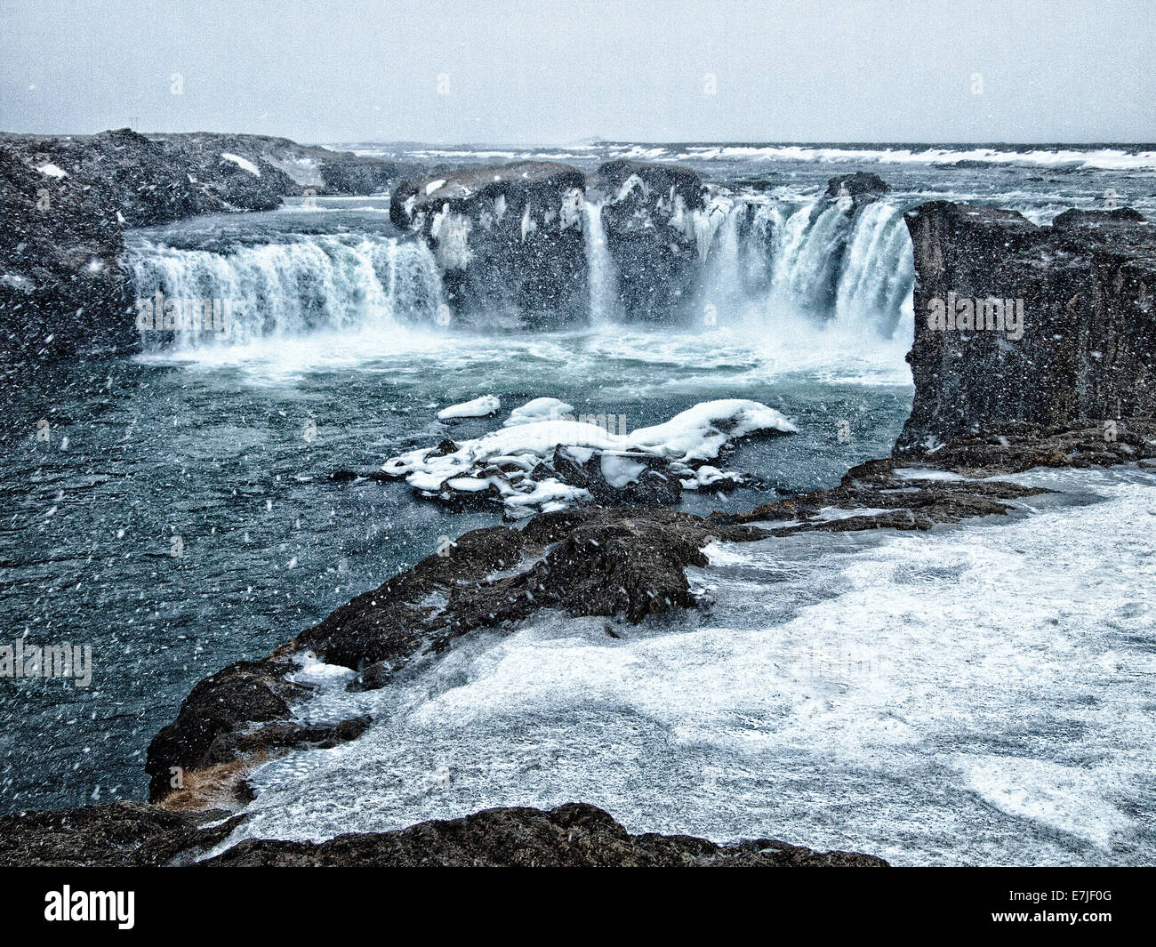 Ice, river, flow, Godafoss, island, Iceland, Europe, Myvatn, Northern Europe, Saudarkrokur, snow, water, waterfall, winter Stock Photo