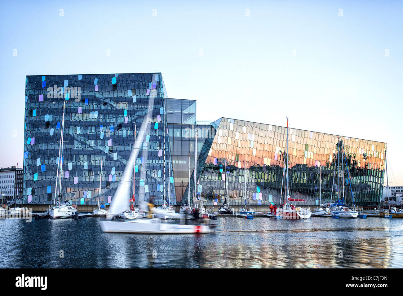 Architecture, attraction, facade, glass facade, harbour, port, harp, Harpa, capital, Iceland, Europe, conference center, concert Stock Photo