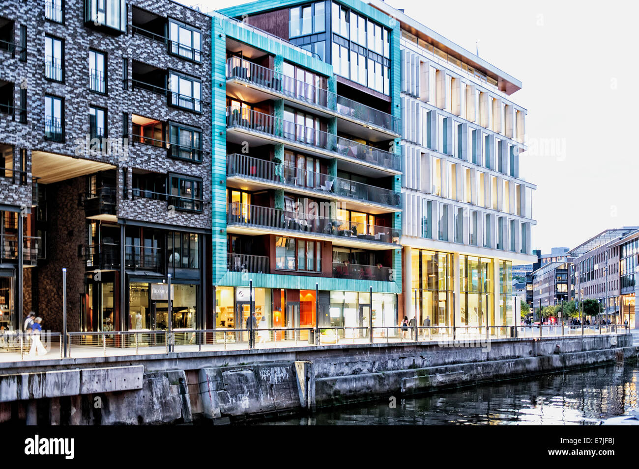 Aker Brygge, architecture, camping site, Frogner, harbour, port, capital, luxury, nightlife, Norway, Europe, Oslo, Scandinavia Stock Photo