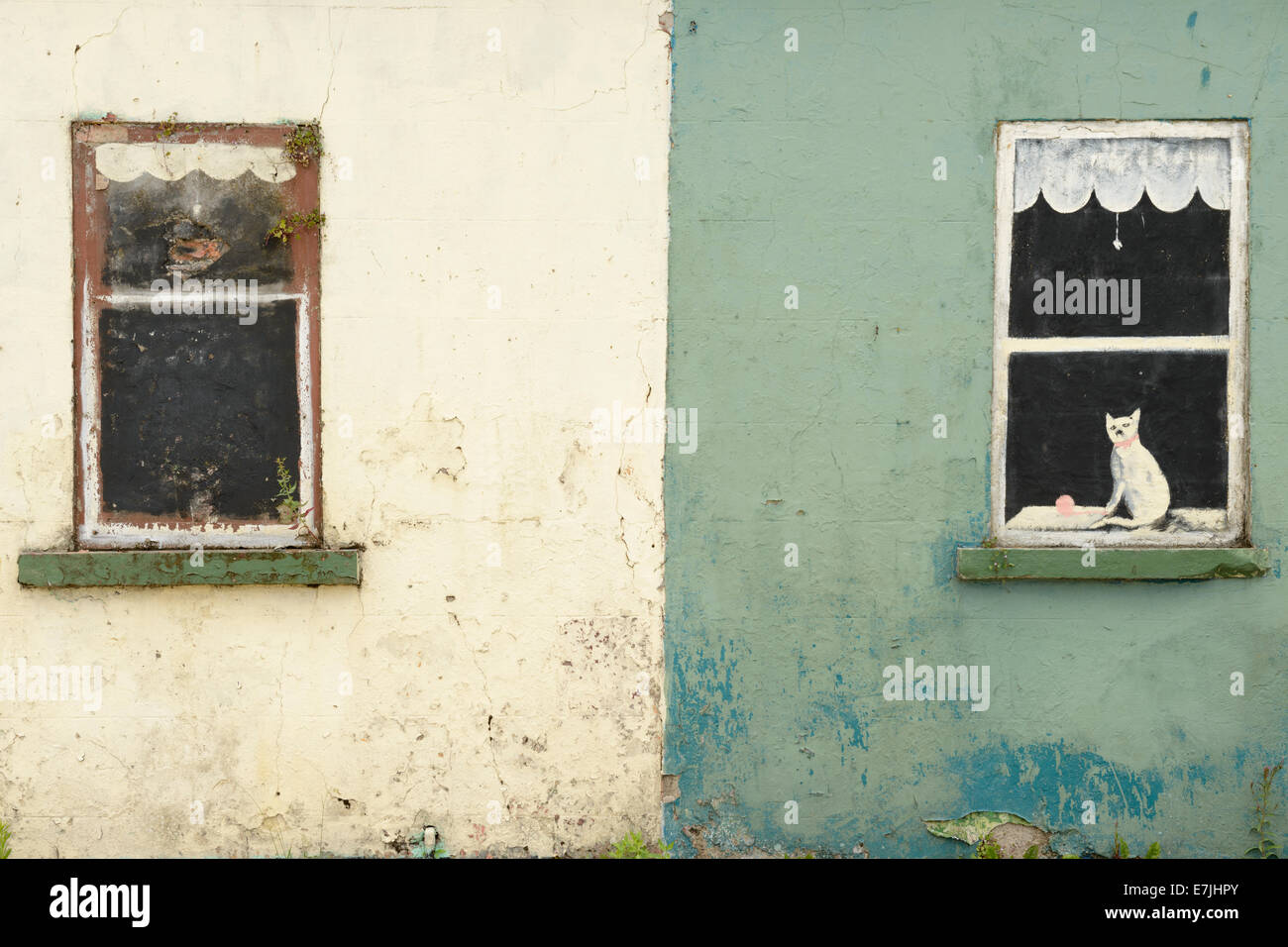 A derelict house decorated with fake painted windows in Limerick, Ireland. Stock Photo