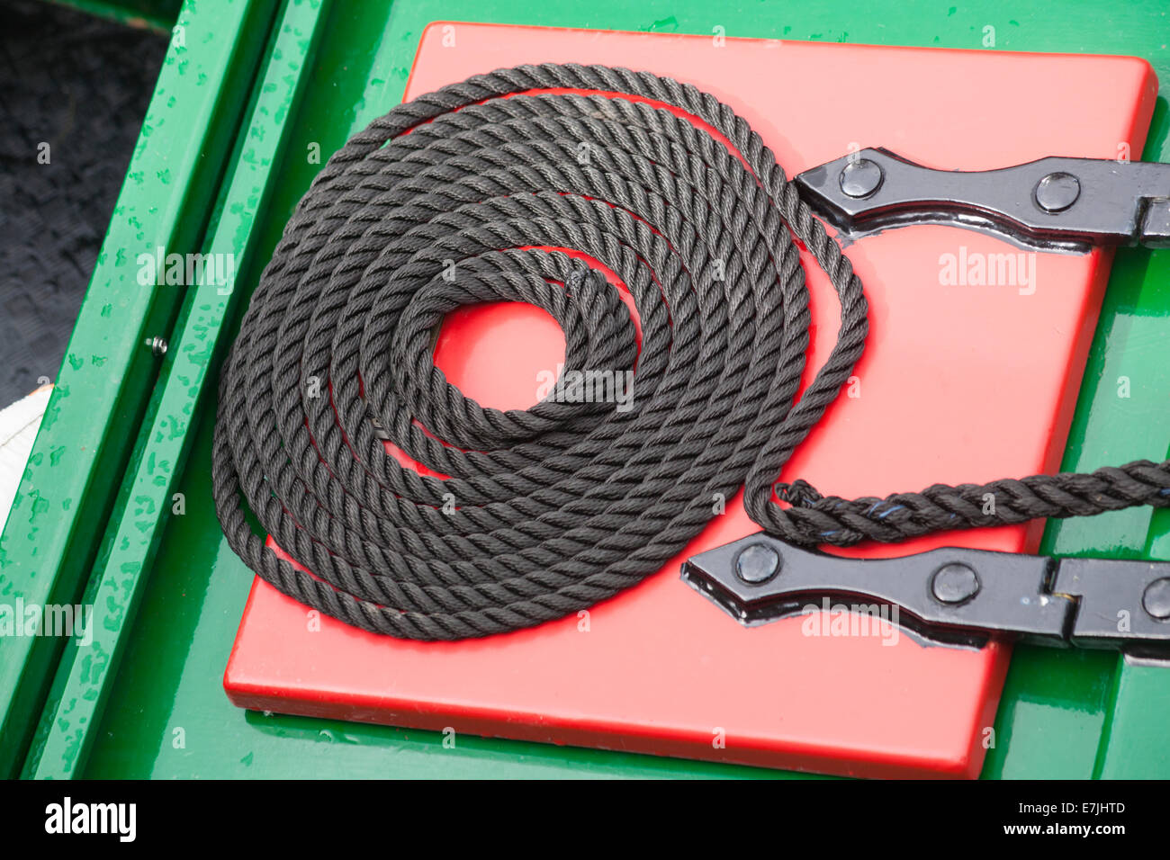 Tide Small Rope Ropes tidied away on narrow boat narrowboat on the Kennet and Avon ...