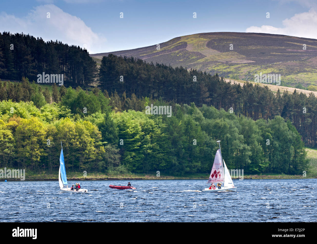 Sailing on Errwood Reservoir, Goyt Valley, Peak District National Park, Derbyshire, England, UK Stock Photo
