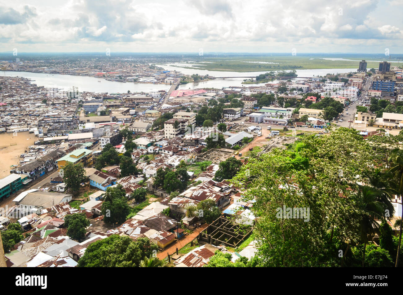 Aerial view of the city of Monrovia, Liberia, taken from the top of the ruins of Hotel Ducor Stock Photo