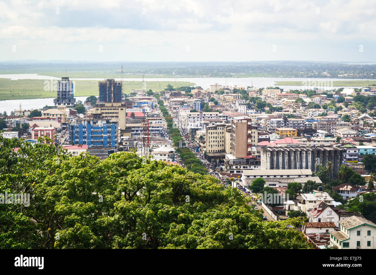 Aerial view of the city of Monrovia, Liberia, taken from the top of the ruins of Hotel Ducor Stock Photo