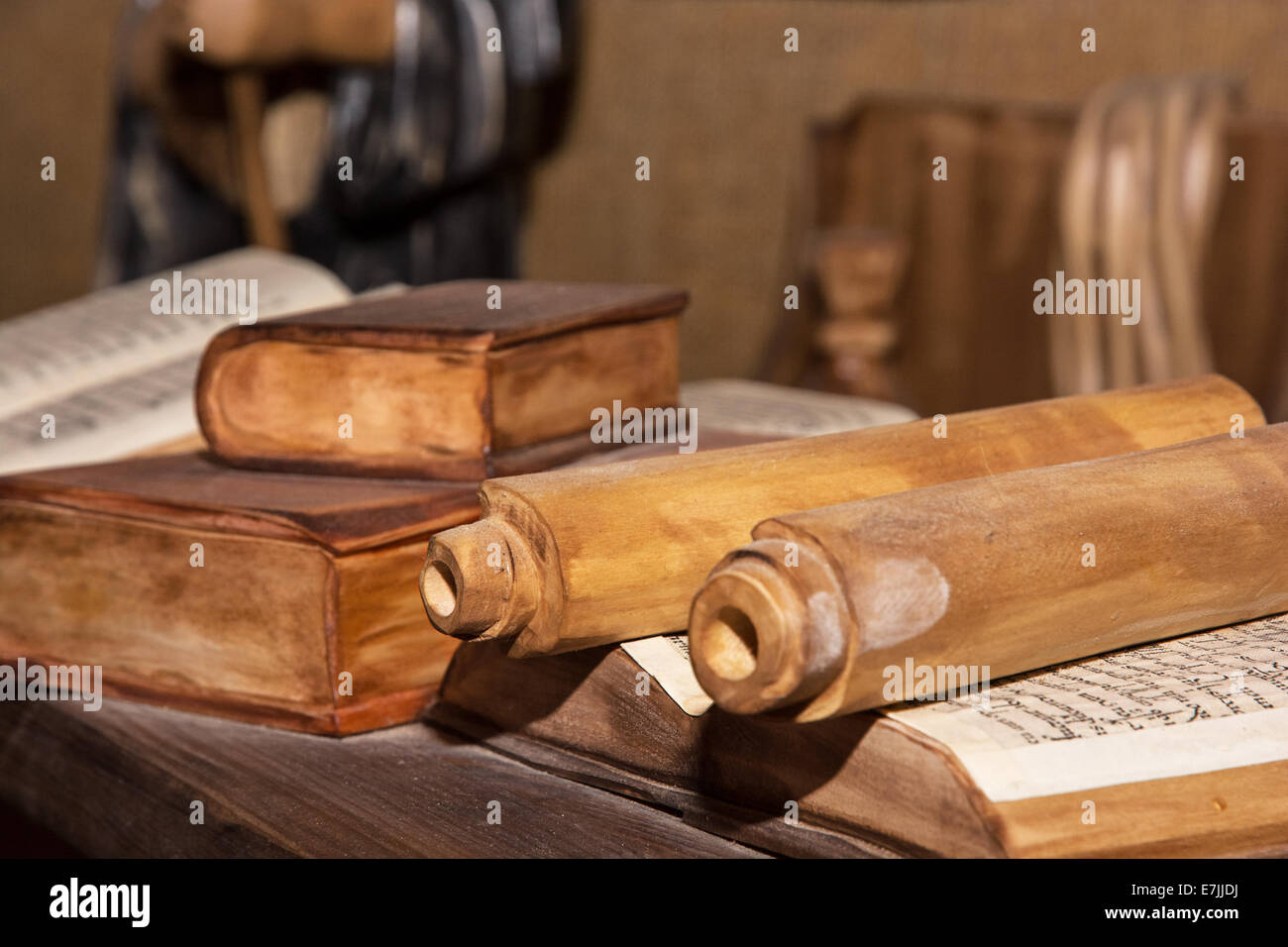 Wooden miniature of the monastic library. Cultural heritage. Stock Photo