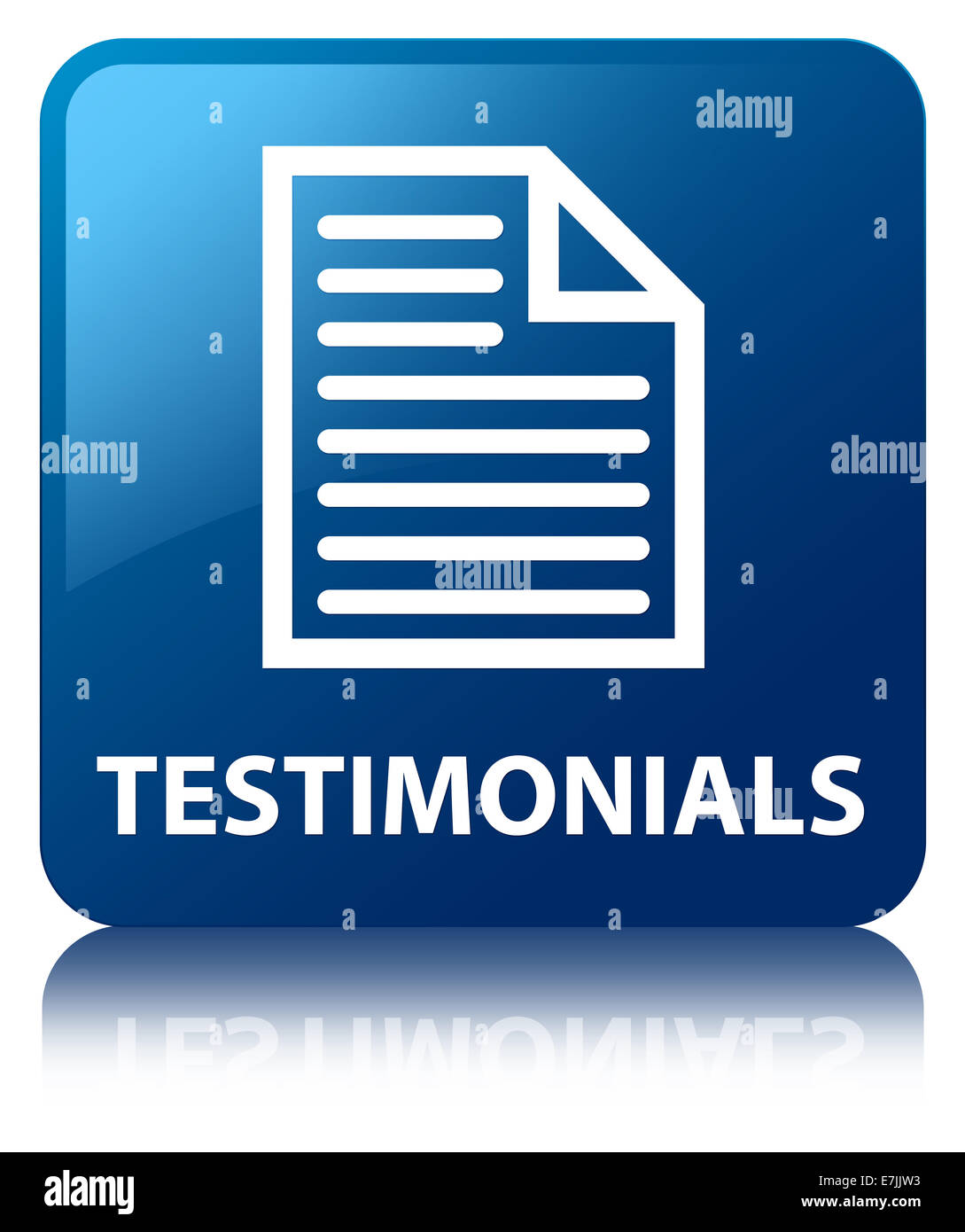 Testimonials (quote page icon) glossy blue reflected square button Stock Photo
