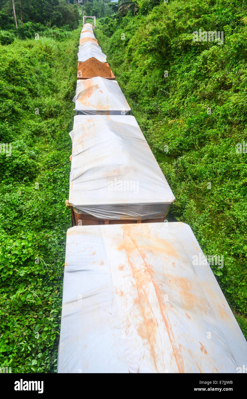 A freight train from ArcelorMittal carrying iron ore from the Nimba deposit to the port of Buchanan, Liberia Stock Photo