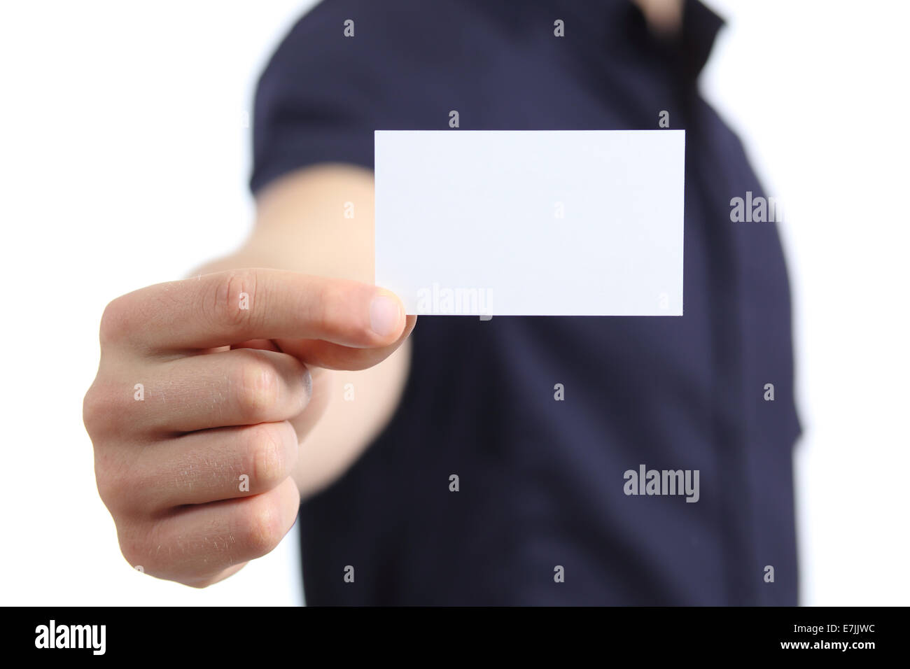 Business man hand holding a blank card isolated on a white background ...