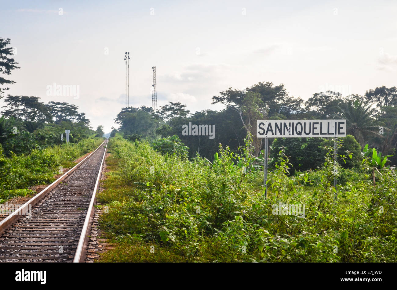 The Sanniquellie train station in Nimba County, northern Liberia, with renovated railway enabling ArcelorMittal's iron mining Stock Photo