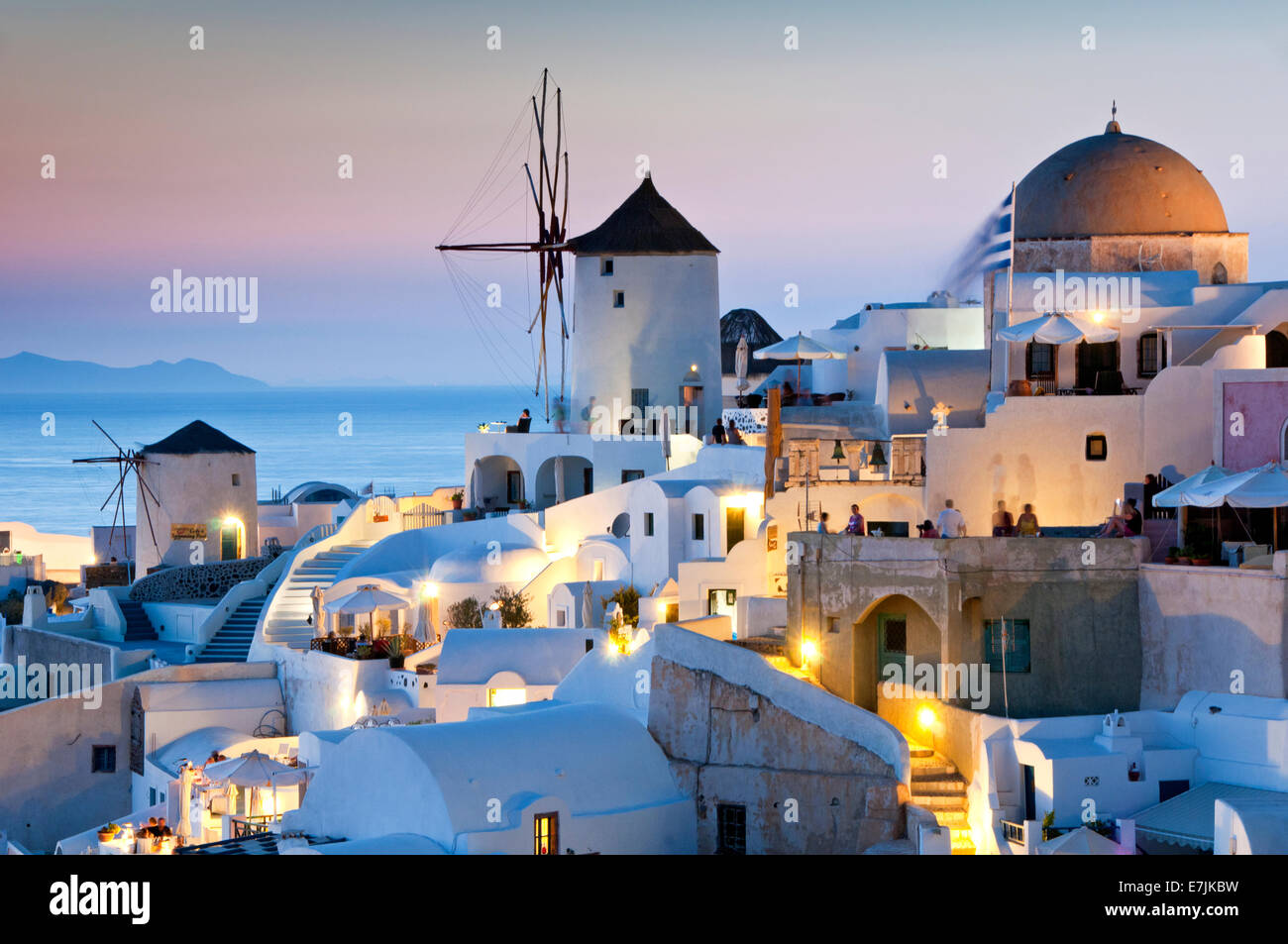 Windmills & Whitewashed Traditional Houses at Night, Oia, Santorini, Greek Islands, Greece, Europe Stock Photo