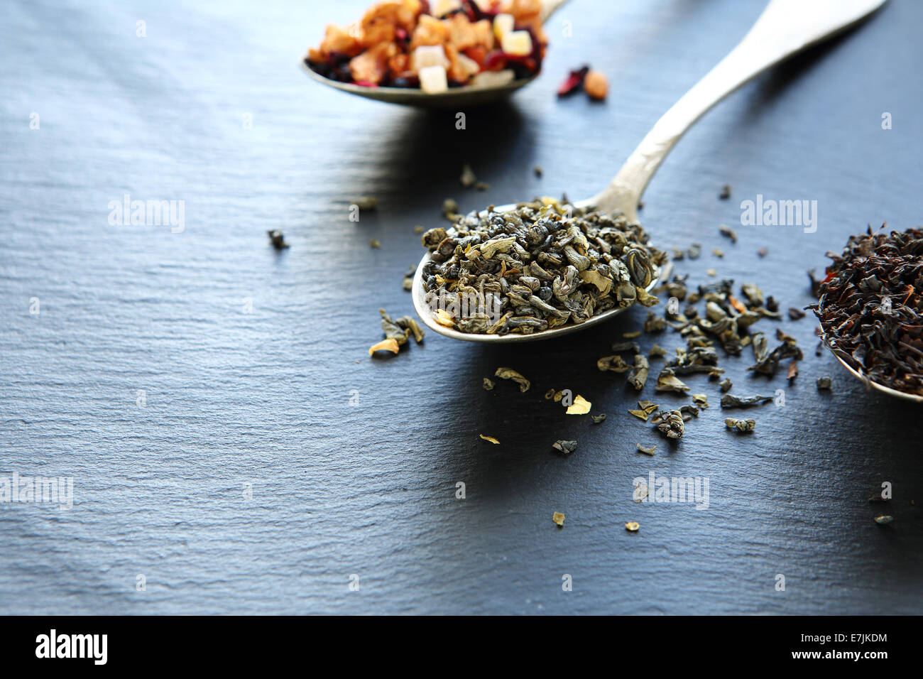 Assortment of teas on a teaspoon, top view Stock Photo Alamy