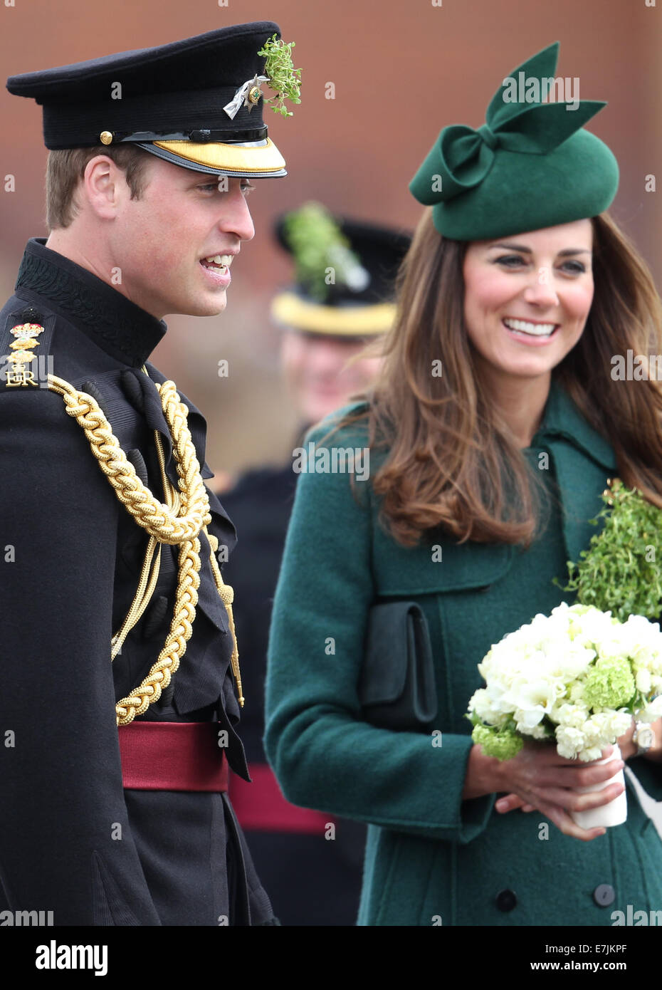 HRH The Duchess of Cambridge and Prince William presents shamrocks to the Irish Guards' at St Patricks Day Parade.  Featuring: Catherine,Duchess of Cambridge,Kate Middleton,Prince William,Duke of Cambridge Where: Aldershot, United Kingdom When: 16 Mar 2014 Stock Photo