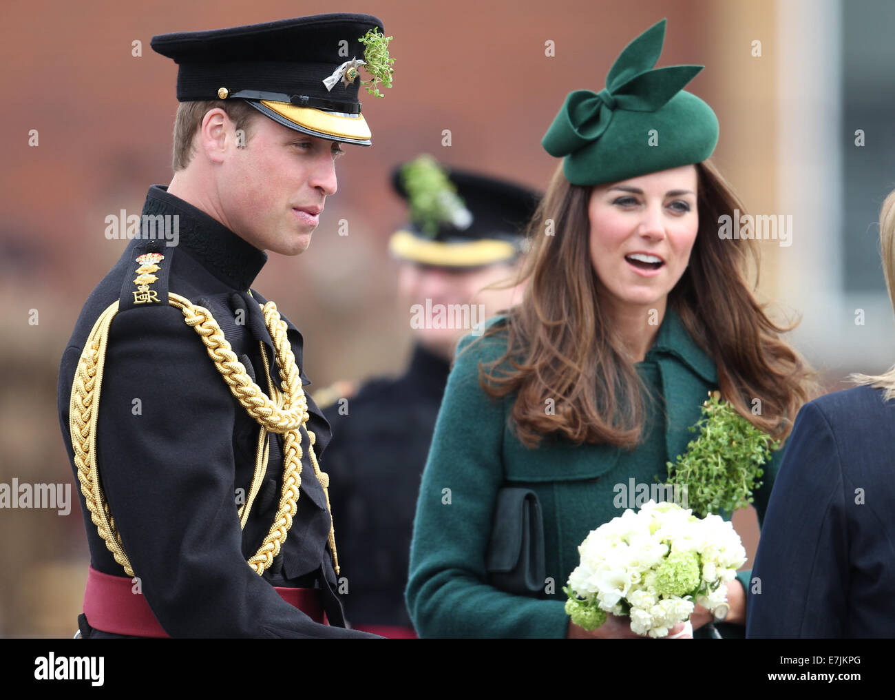 HRH The Duchess of Cambridge and Prince William presents shamrocks to the Irish Guards' at St Patricks Day Parade.  Featuring: Catherine,Duchess of Cambridge,Kate Middleton,Prince William,Duke of Cambridge Where: Aldershot, United Kingdom When: 16 Mar 2014 Stock Photo