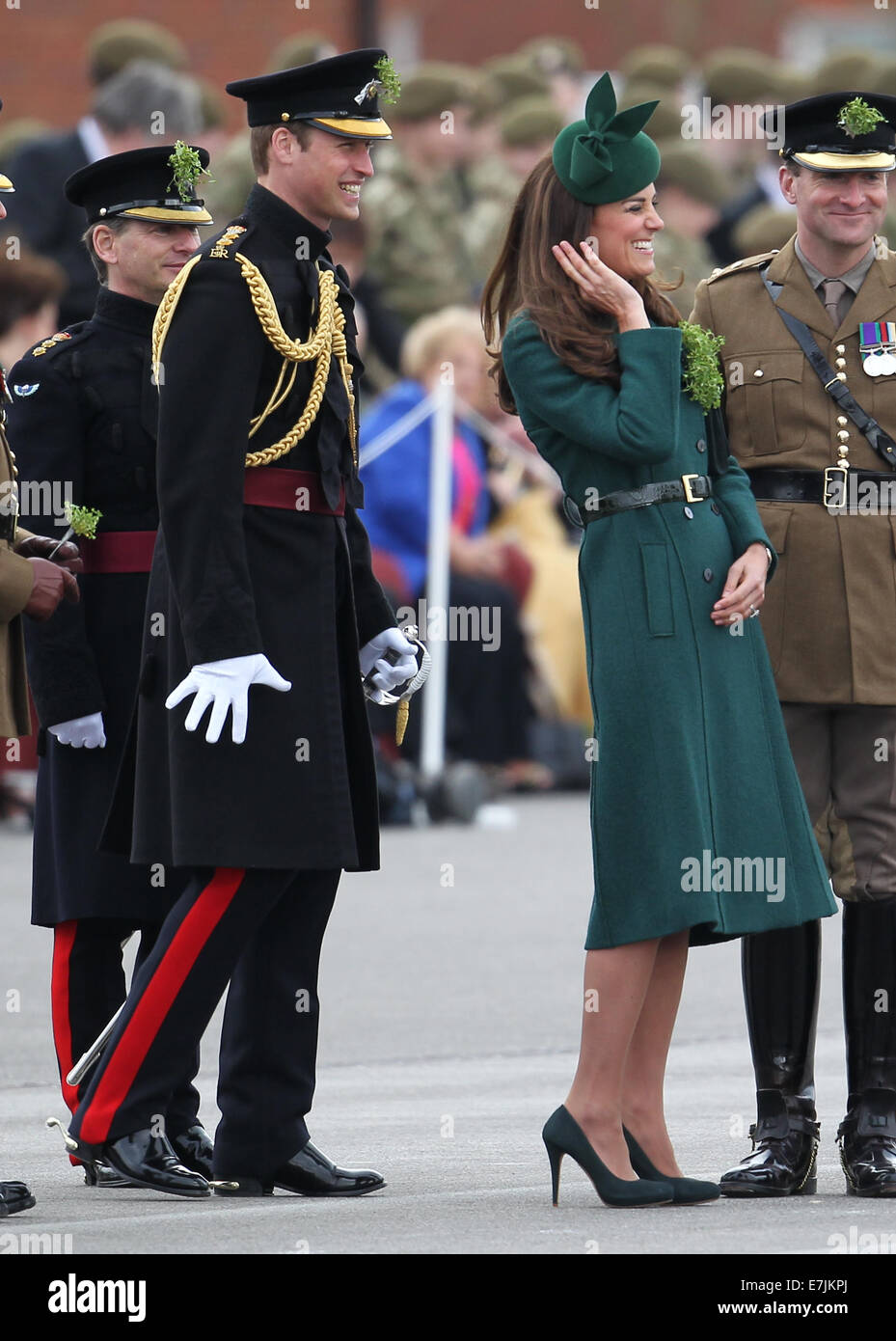 HRH The Duchess of Cambridge and Prince William presents shamrocks to the Irish Guards' at St Patricks Day Parade.  Featuring: The Duchess of Cambridge,Prince William Where: Aldershot, United Kingdom When: 16 Mar 2014 Stock Photo