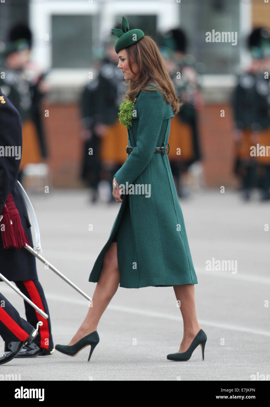 HRH The Duchess of Cambridge and Prince William presents shamrocks to the Irish Guards' at St Patricks Day Parade.  Featuring: Catherine,Duchess of Cambridge,Kate Middleton Where: Aldershot, United Kingdom When: 16 Mar 2014 Stock Photo