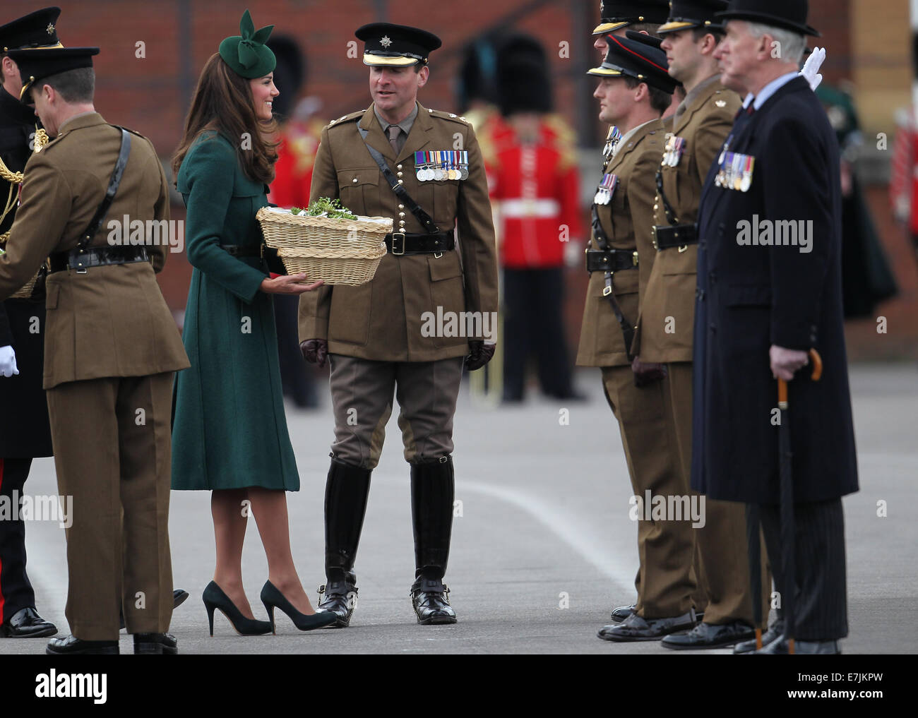 HRH The Duchess of Cambridge and Prince William presents shamrocks to the Irish Guards' at St Patricks Day Parade.  Featuring: Catherine,Duchess of Cambridge,Kate Middleton Where: Aldershot, United Kingdom When: 16 Mar 2014 Stock Photo