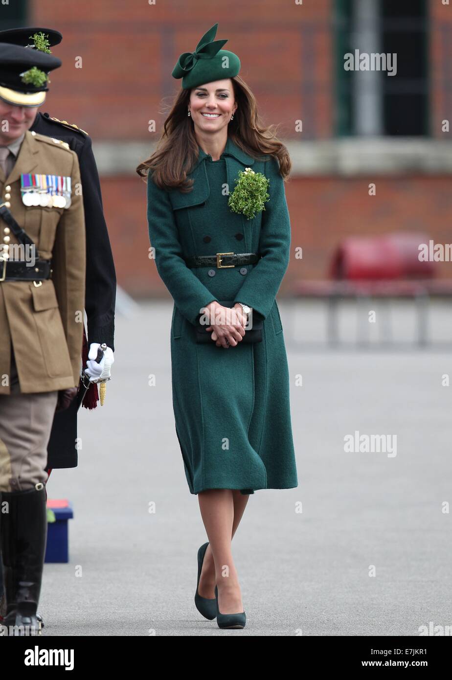 HRH The Duchess of Cambridge and Prince William presents shamrocks to the Irish Guards' at St Patricks Day Parade.  Featuring: Catherine,Duchess of Cambridge,Kate Middleton Where: Aldershot, United Kingdom When: 16 Mar 2014 Stock Photo