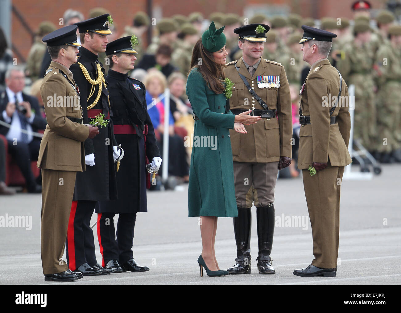 HRH The Duchess of Cambridge and Prince William presents shamrocks to the Irish Guards' at St Patricks Day Parade.  Featuring: Catherine,Duchess of Cambridge,Kate Middleton Where: Aldershot, United Kingdom When: 16 Mar 2014 Stock Photo