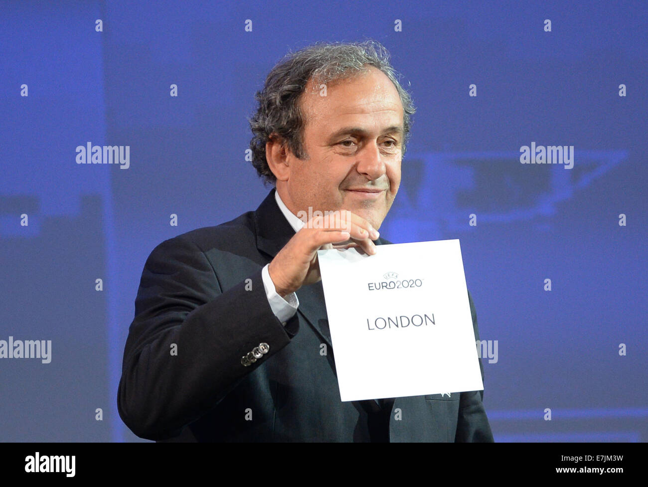 Geneva, Switzerland. 19th Sep, 2014.  UEFA President Michel Platini announces that London will stage the Final of UEFA Euro 2020 European soccer championships during the UEFA Euro 2020 Hosts Announcement Ceremony at the Espace Hippomene in Geneva, Switzerland, 19 September 2014. Credit:  dpa picture alliance/Alamy Live News Stock Photo