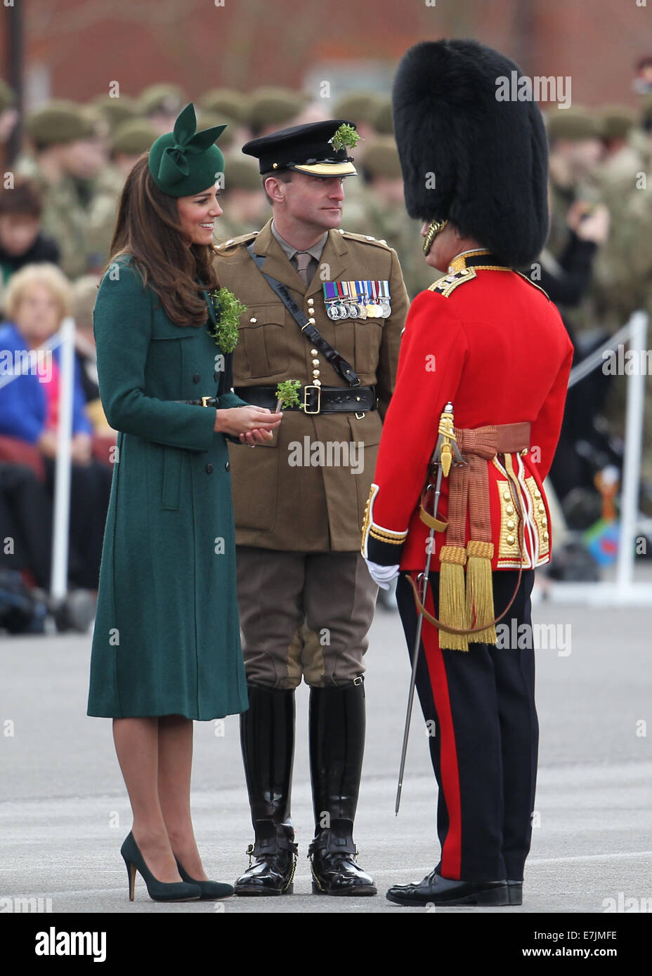 HRH The Duchess of Cambridge and Prince William presents shamrocks to the Irish Guards' at St Patricks Day Parade.  Featuring: Catherine,Duchess of Cambridge,Kate Middleton Where: Aldershot, United Kingdom When: 16 Mar 2014 Stock Photo