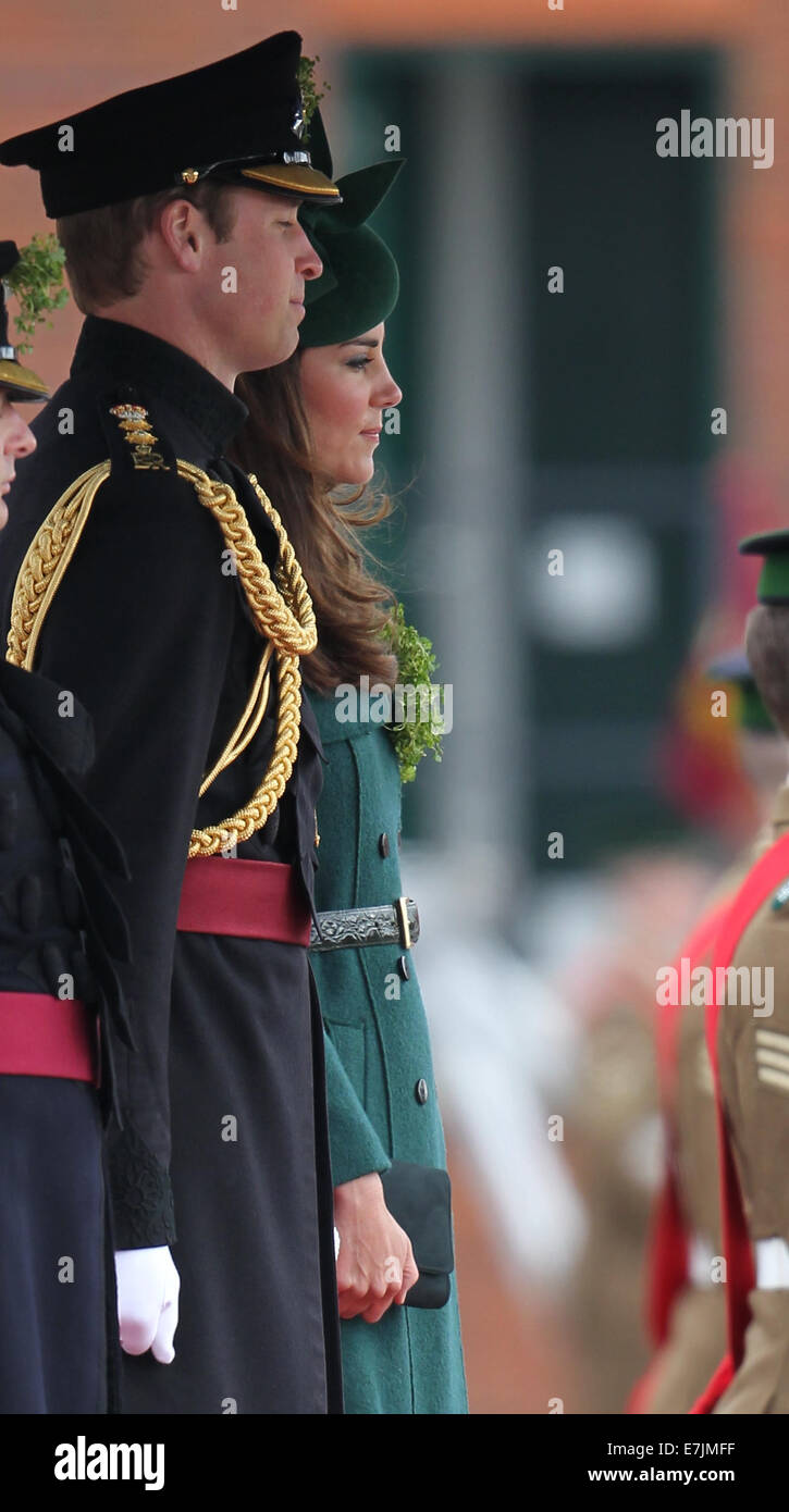 HRH The Duchess of Cambridge and Prince William presents shamrocks to the Irish Guards' at St Patricks Day Parade.  Featuring: The Duchess of Cambridge,Prince William Where: Aldershot, United Kingdom When: 16 Mar 2014 Stock Photo