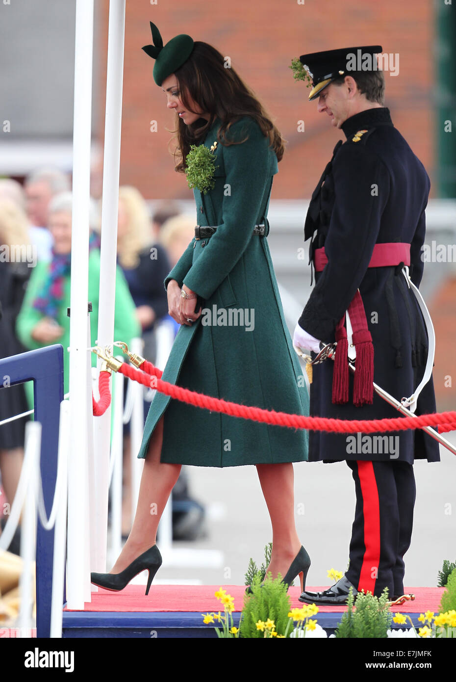 HRH The Duchess of Cambridge and Prince William presents shamrocks to the Irish Guards' at St Patricks Day Parade.  Featuring: Catherine,Duchess of Cambridge,Kate Middleton Where: Aldershot, United Kingdom When: 16 Mar 2014 Stock Photo