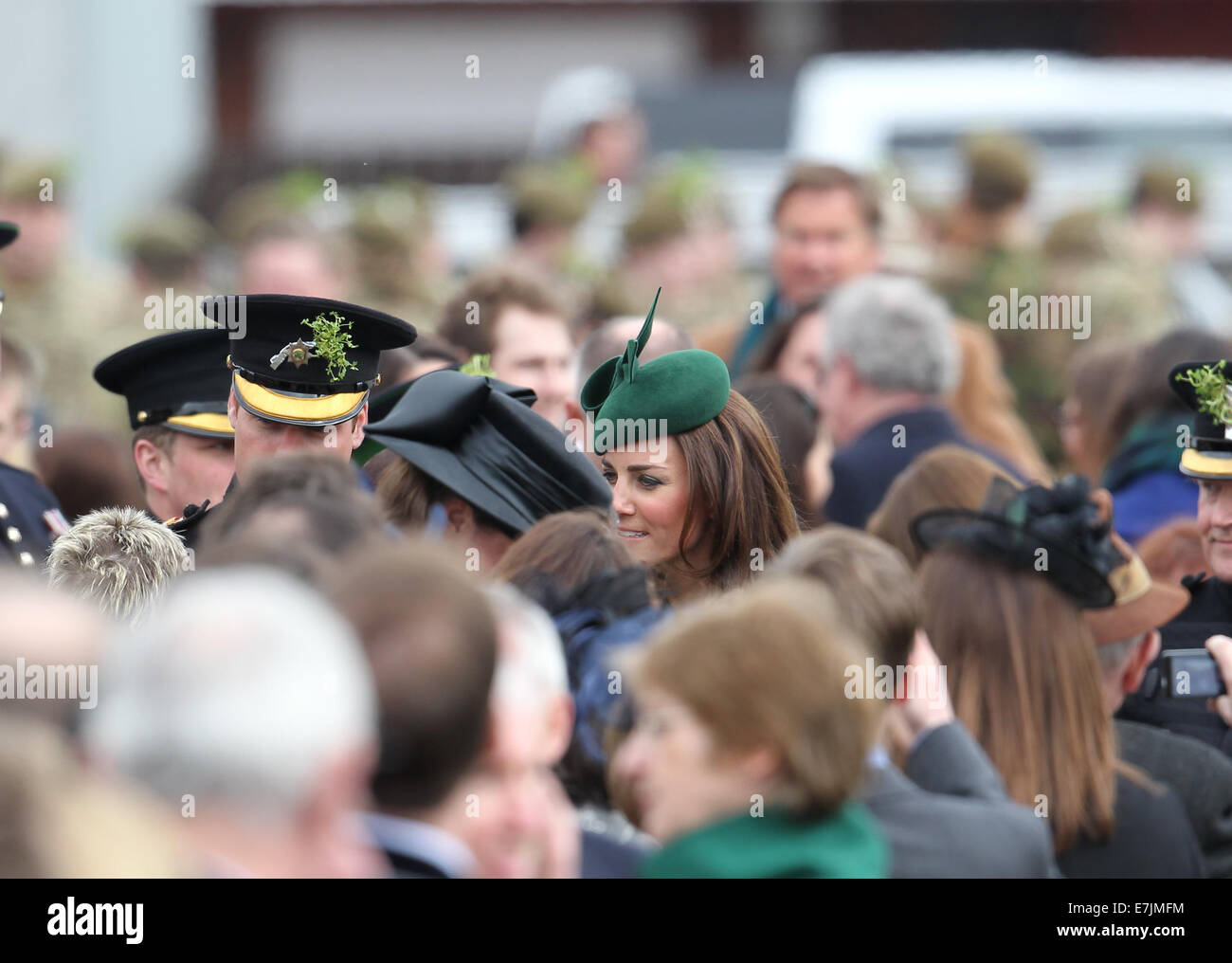 HRH The Duchess of Cambridge and Prince William presents shamrocks to the Irish Guards' at St Patricks Day Parade.  Featuring: The Duchess of Cambridge,Prince William Where: Aldershot, United Kingdom When: 16 Mar 2014 Stock Photo