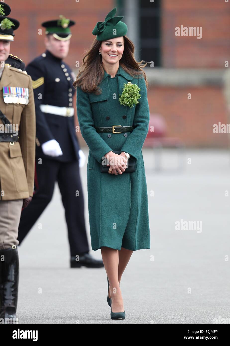 HRH The Duchess of Cambridge and Prince William presents shamrocks to the Irish Guards' at St Patricks Day Parade.  Featuring: Catherine,Duchess of Cambridge,Kate Middleton Where: Aldershot, United Kingdom When: 16 Mar 2014 Stock Photo
