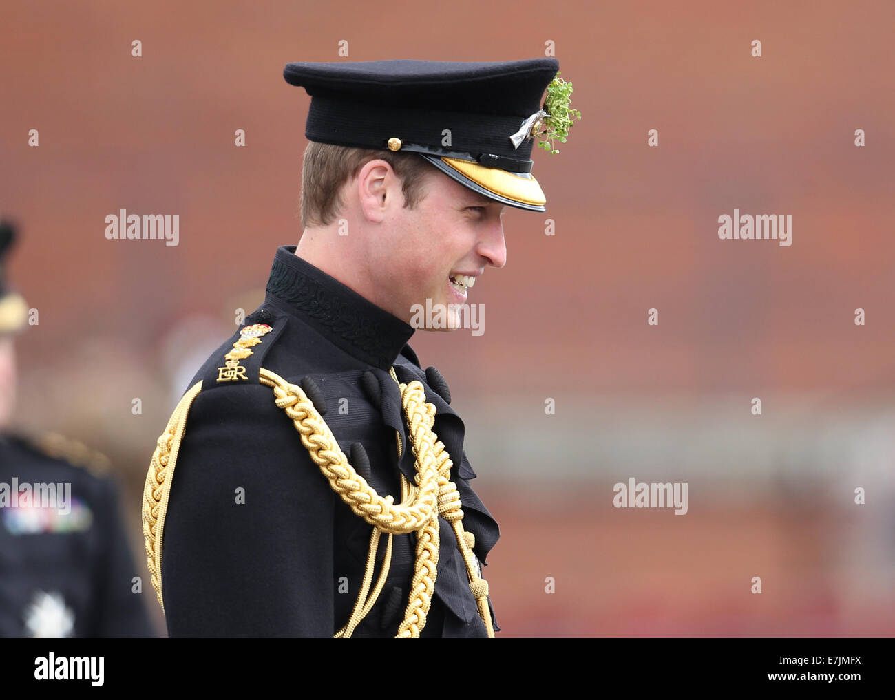 HRH The Duchess of Cambridge and Prince William presents shamrocks to the Irish Guards' at St Patricks Day Parade.  Featuring: Prince William Where: Aldershot, United Kingdom When: 16 Mar 2014 Stock Photo