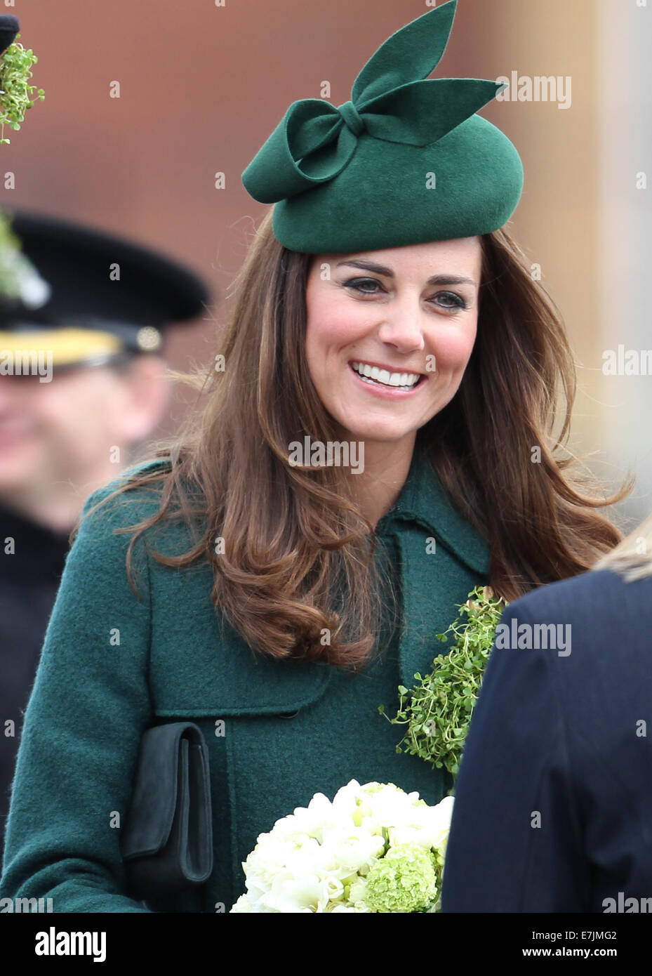 HRH The Duchess of Cambridge and Prince William presents shamrocks to the Irish Guards' at St Patricks Day Parade.  Featuring: Catherine,Duchess of Cambridge,Kate Middleton Where: Aldershot, United Kingdom When: 16 Mar 2014 Stock Photo